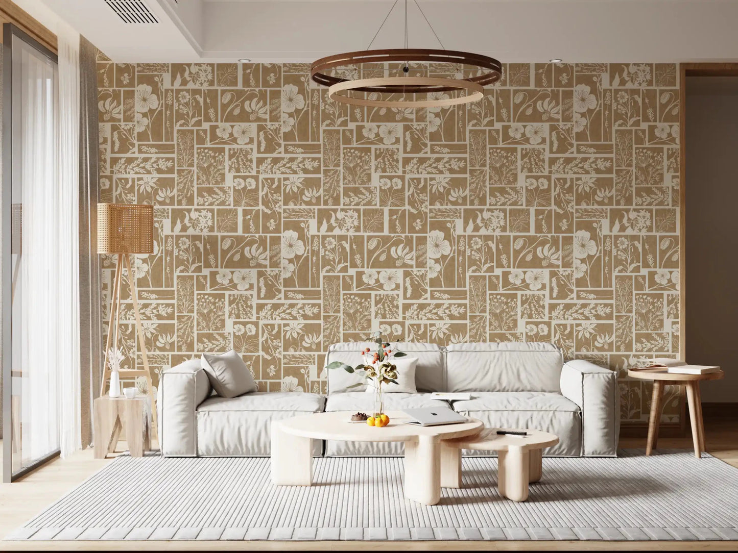Hallway floral wallpaper with patchwork tile layout