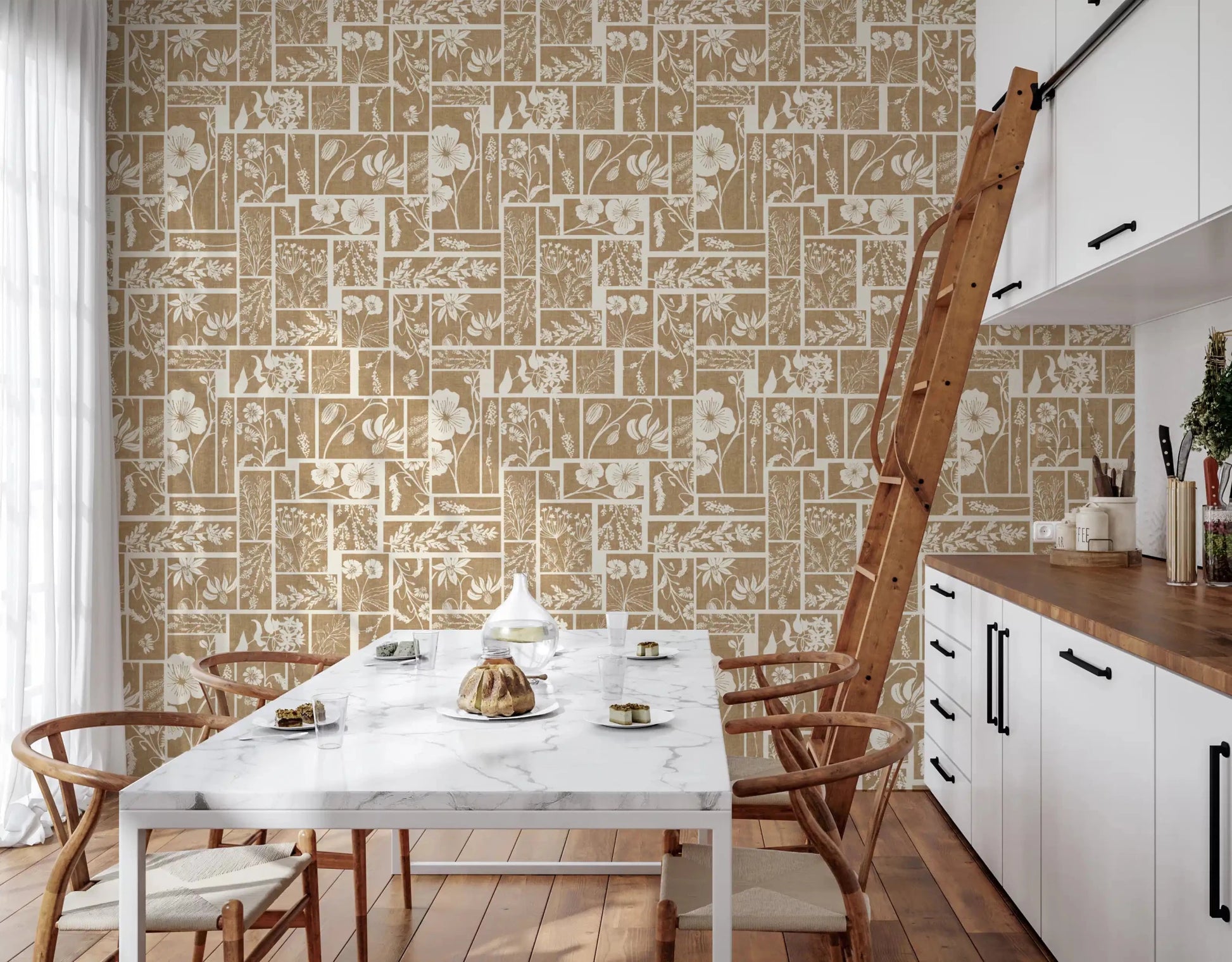 Dining room botanical wallpaper with neutral pattern