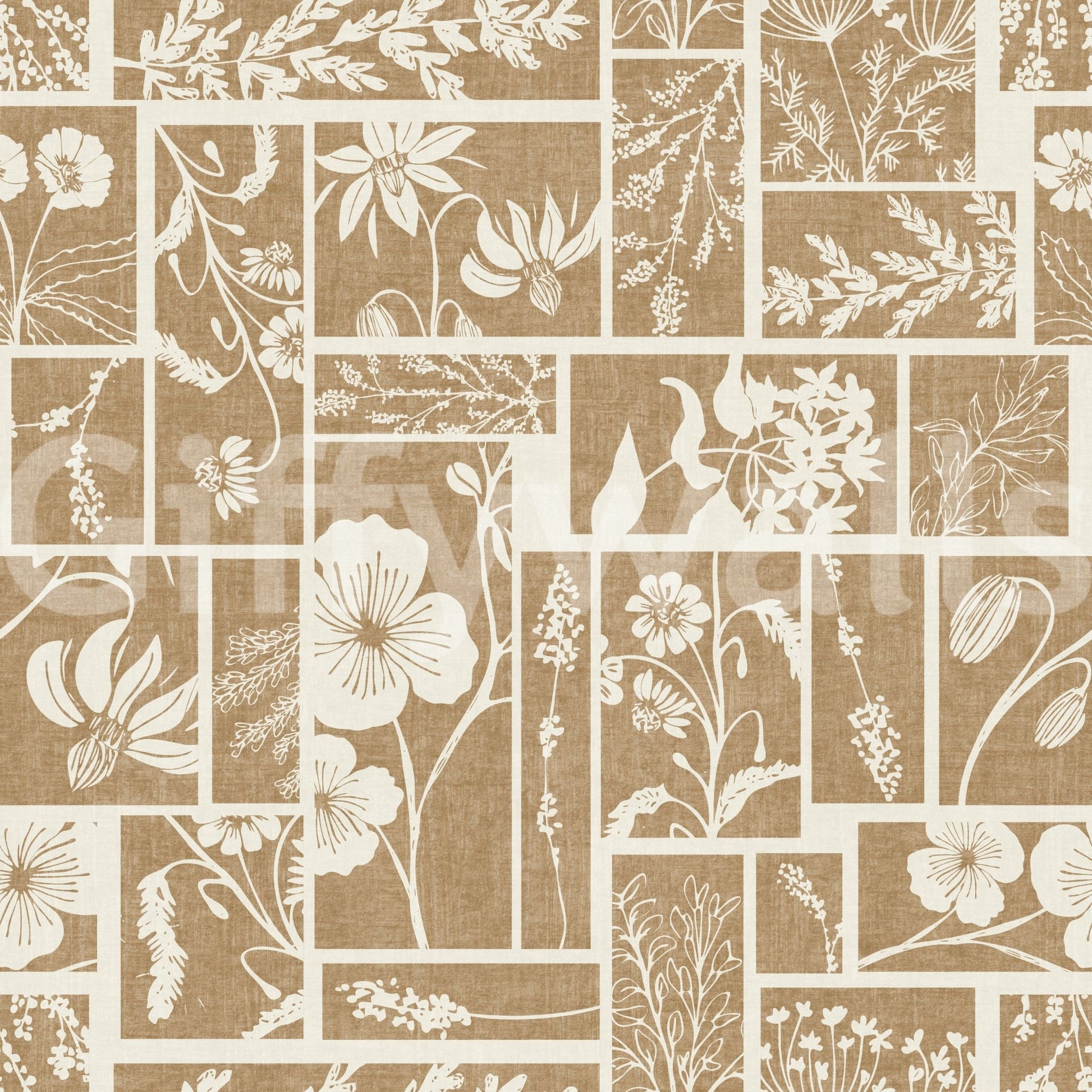 Soft tone wallpaper with botanical patch arrangement