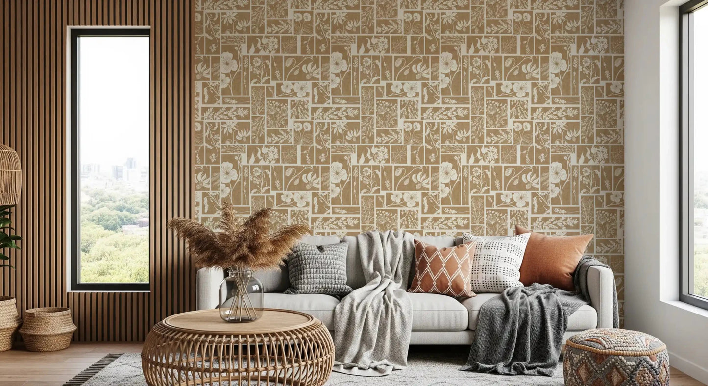 Neutral botanical wallpaper with patch style layout