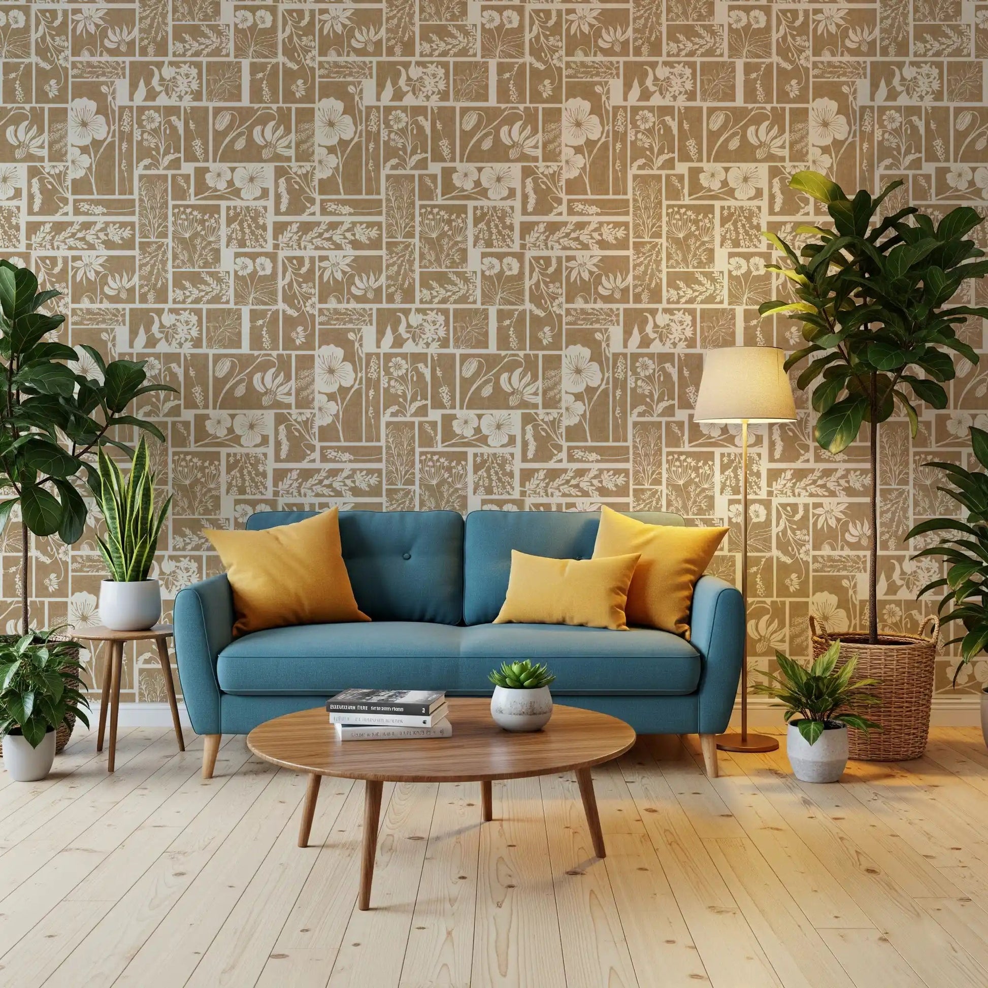 Beige floral wallpaper with structured patch pattern