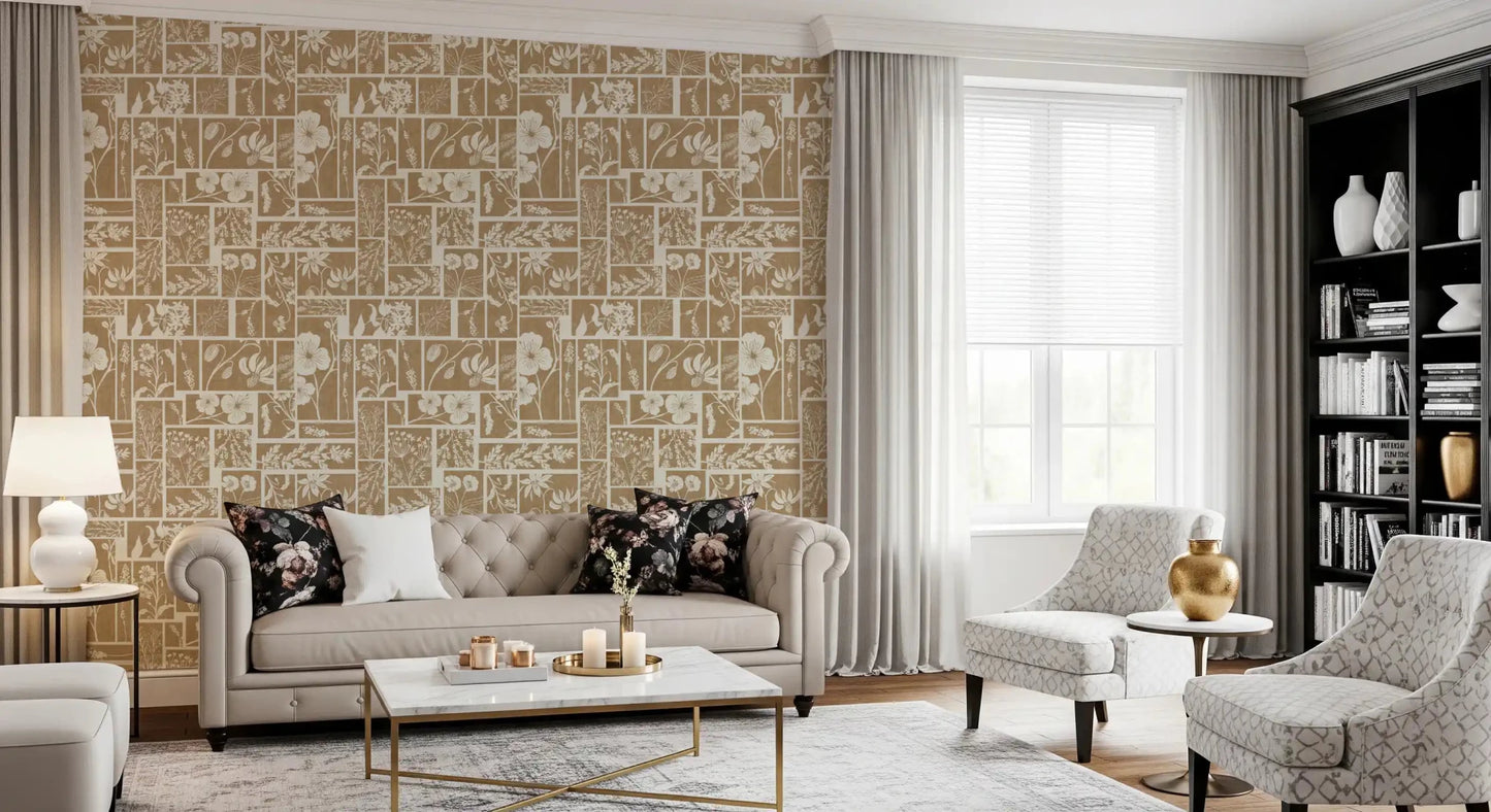 Living room floral wallpaper with heirloom patch pattern