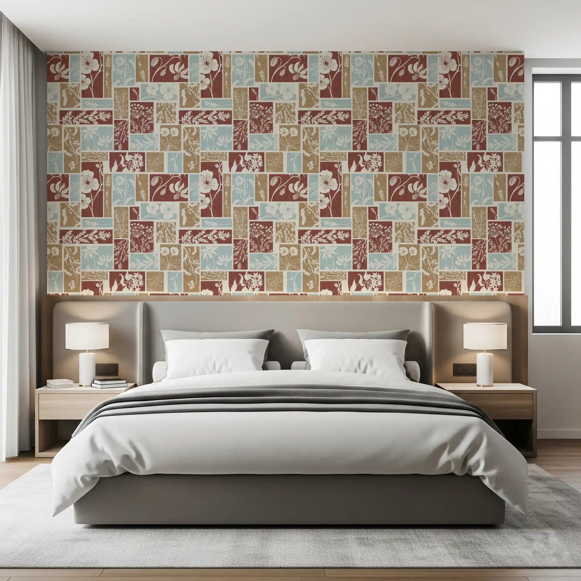 Bedroom botanical patchwork wallpaper with soft colors