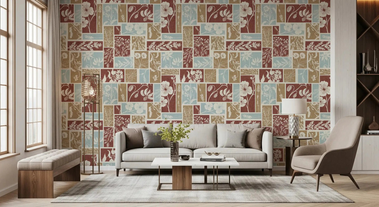 Vintage patchwork wallpaper with botanical patterns