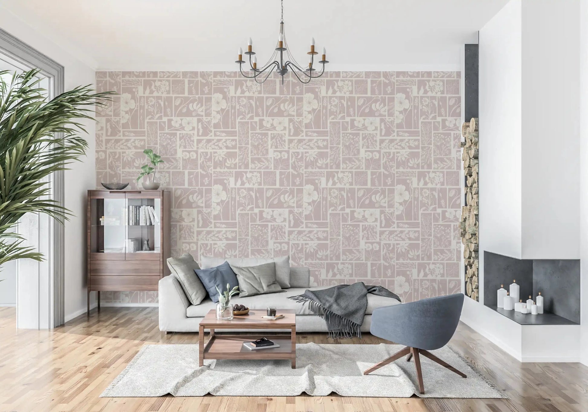 Elegant botanical wallpaper with a soft color palette, great for any relaxing living area.