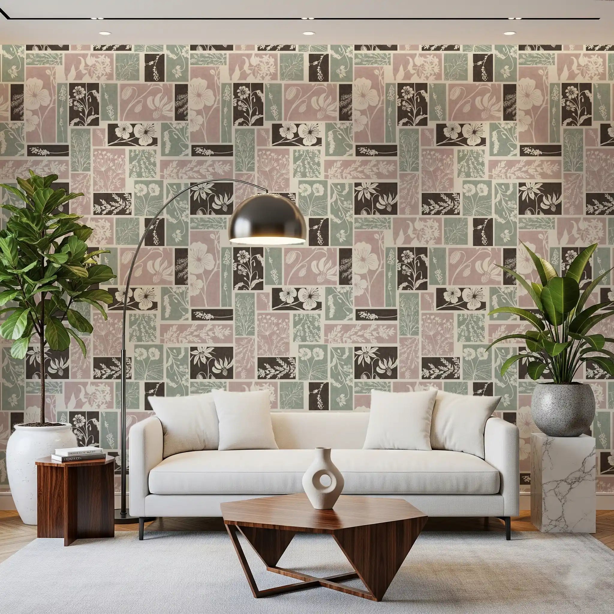 Heirloom Floral Patchwork Muted Wallpaper Design | Buy in UK