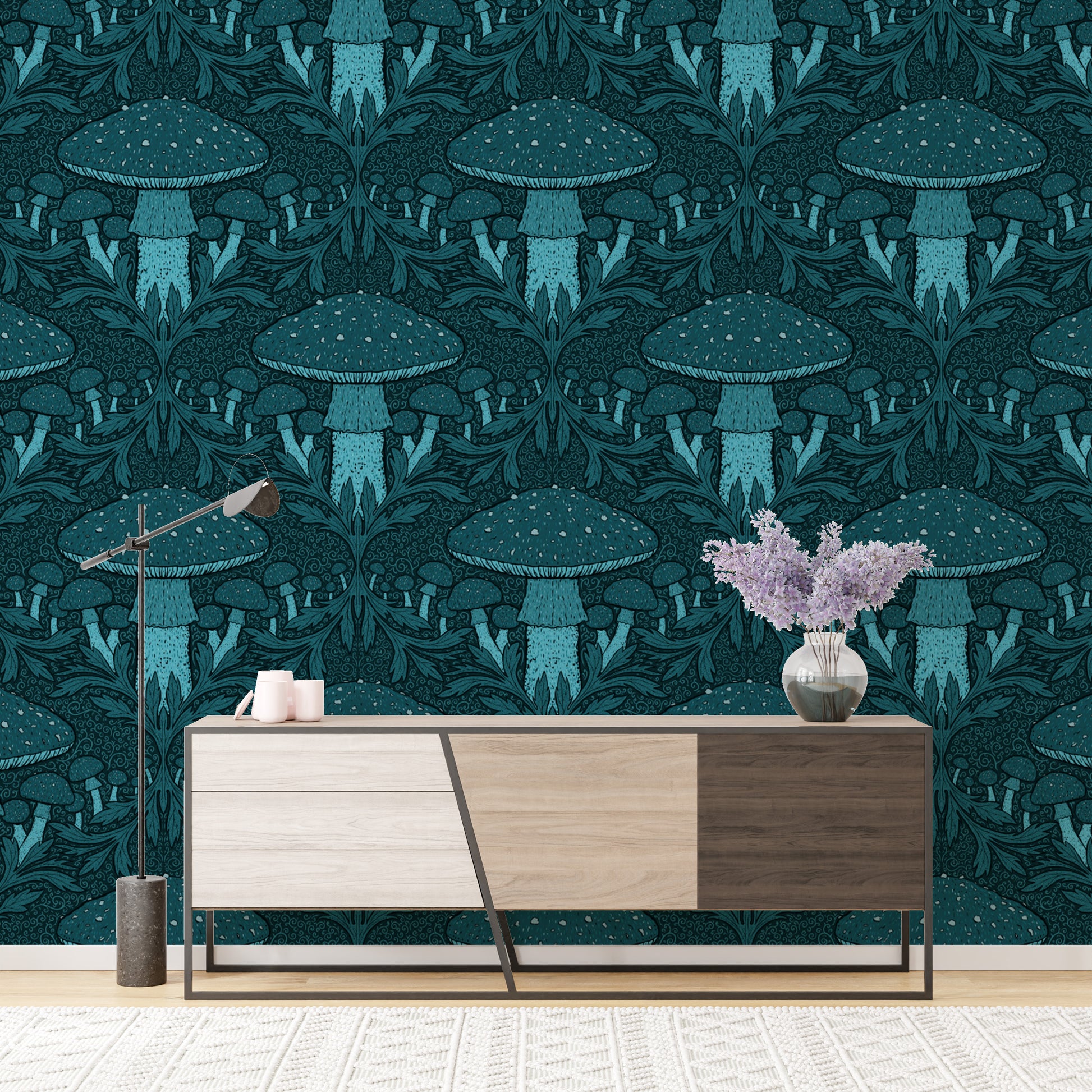 Nature-inspired heritage mushroom blue wallpaper for serene spaces.
