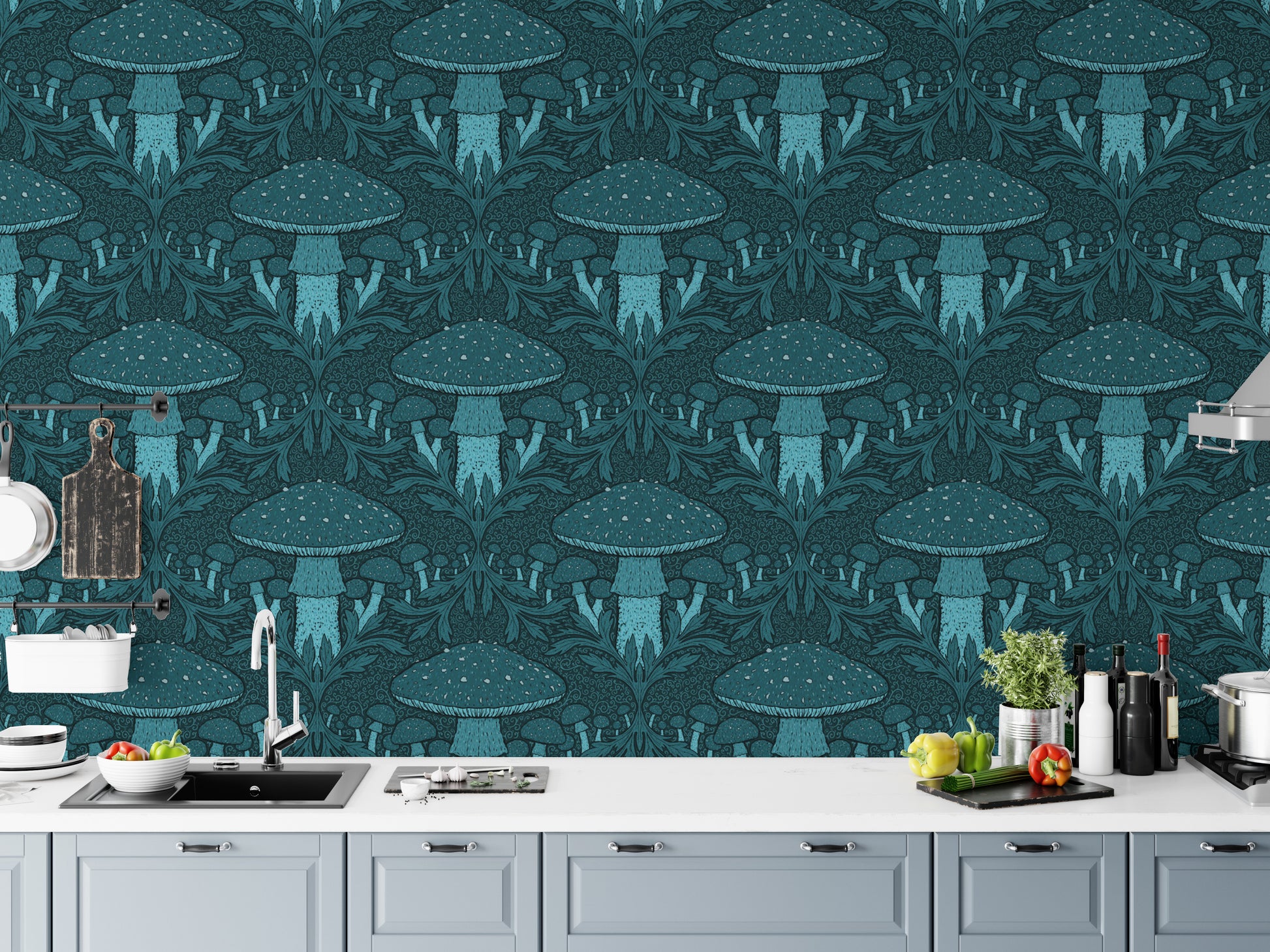 Artistic blue heritage mushroom mural for unique wall decor.
