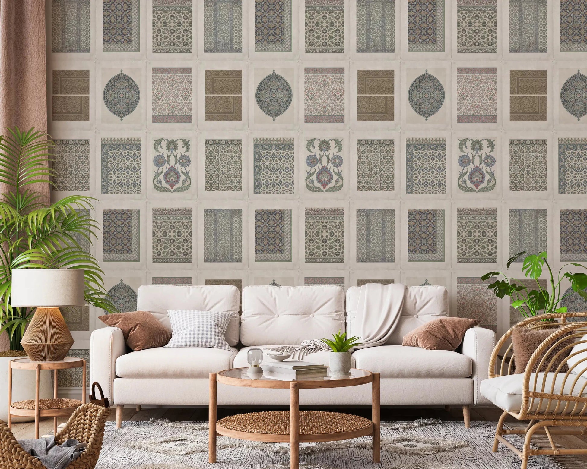 Vintage tile panels wall mural, Heritage Pattern Gallery style for hallway.