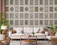 Vintage tile panels wall mural, Heritage Pattern Gallery style for hallway.
