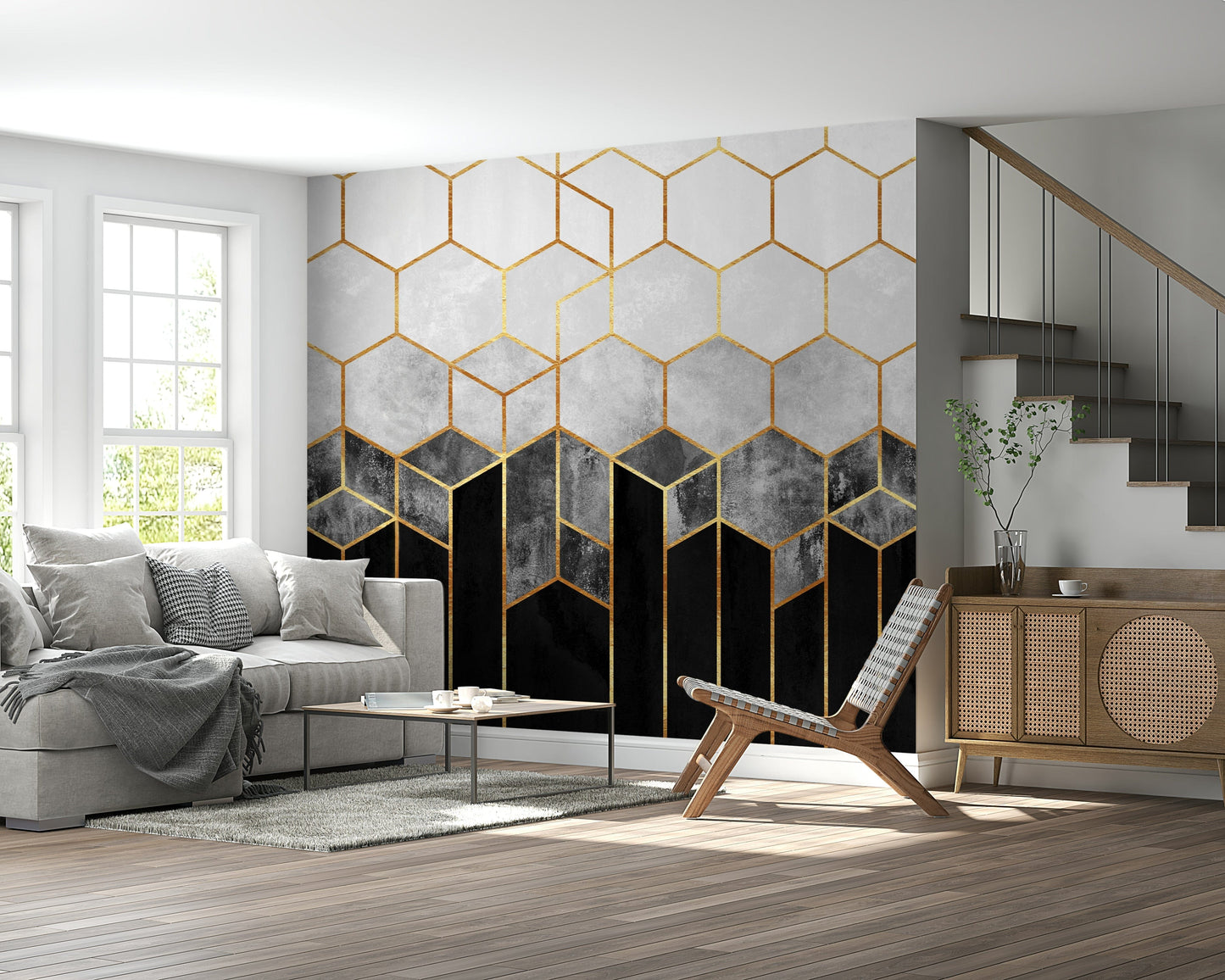 A graceful subtle hexagon wall mural in cool, bold tones.