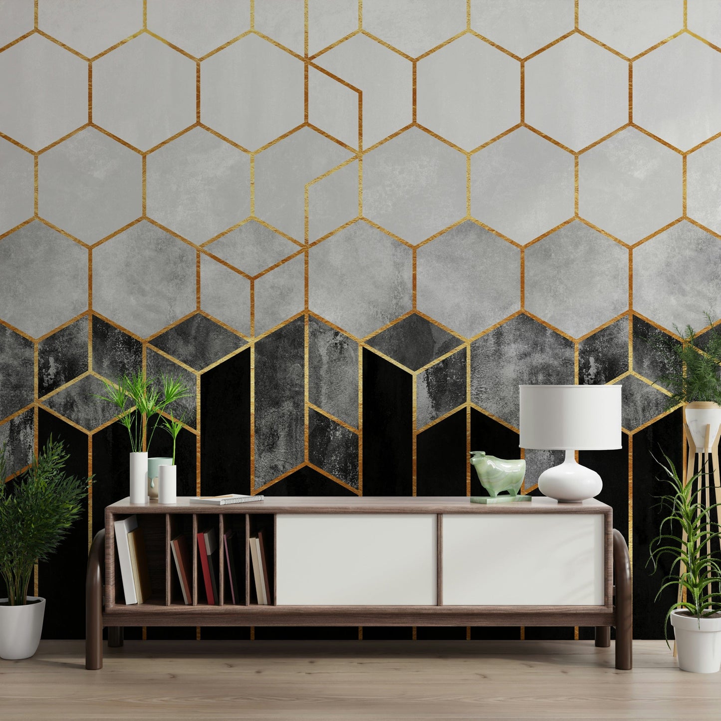 An artistic hex deco mural on minimalist wallpaper.