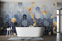 Hexagonal Ombre Gold wallpaper mural styled along a hallway feature wall near a console