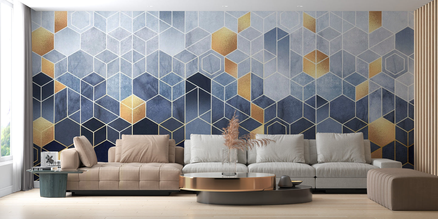 Hexagonal Ombre Gold wallpaper mural as a feature wall in a home office workspace