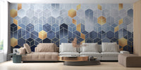 Hexagonal Ombre Gold wallpaper mural as a feature wall in a home office workspace