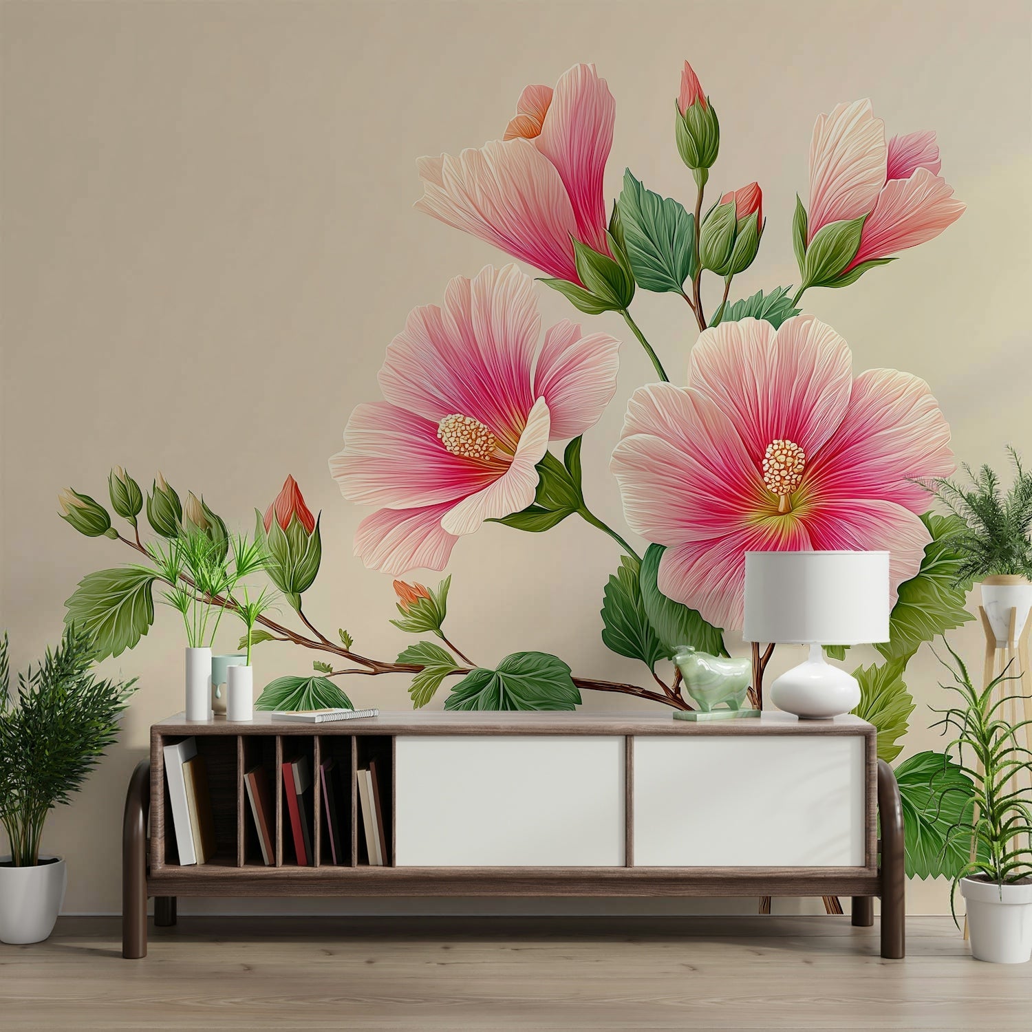 large hibiscus flowers on a wall

