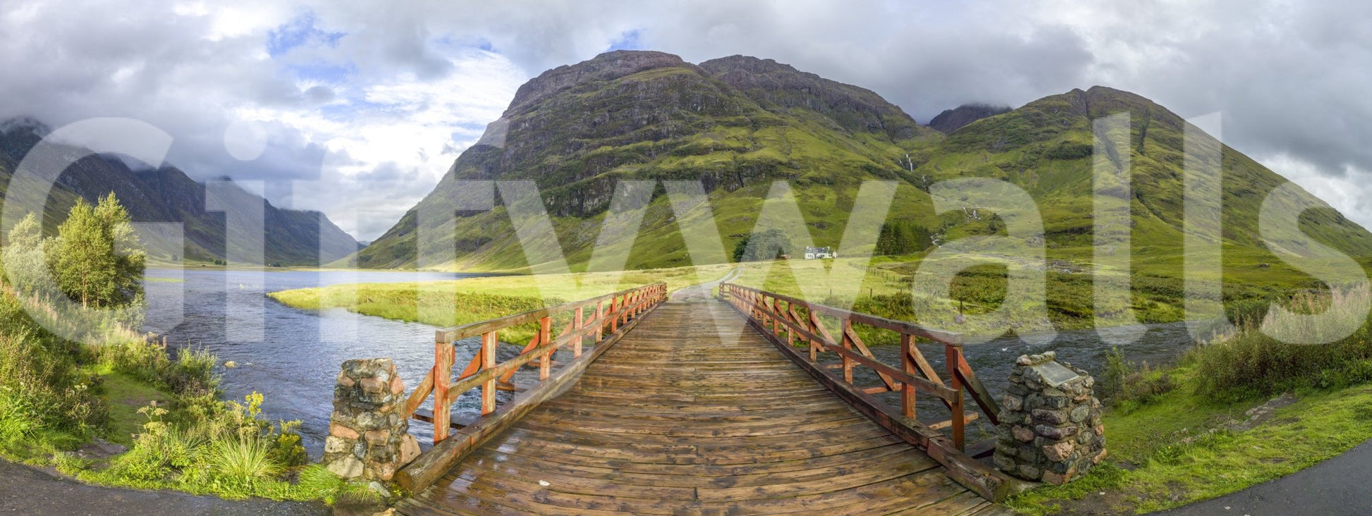 Foggy forest and bridge mural

