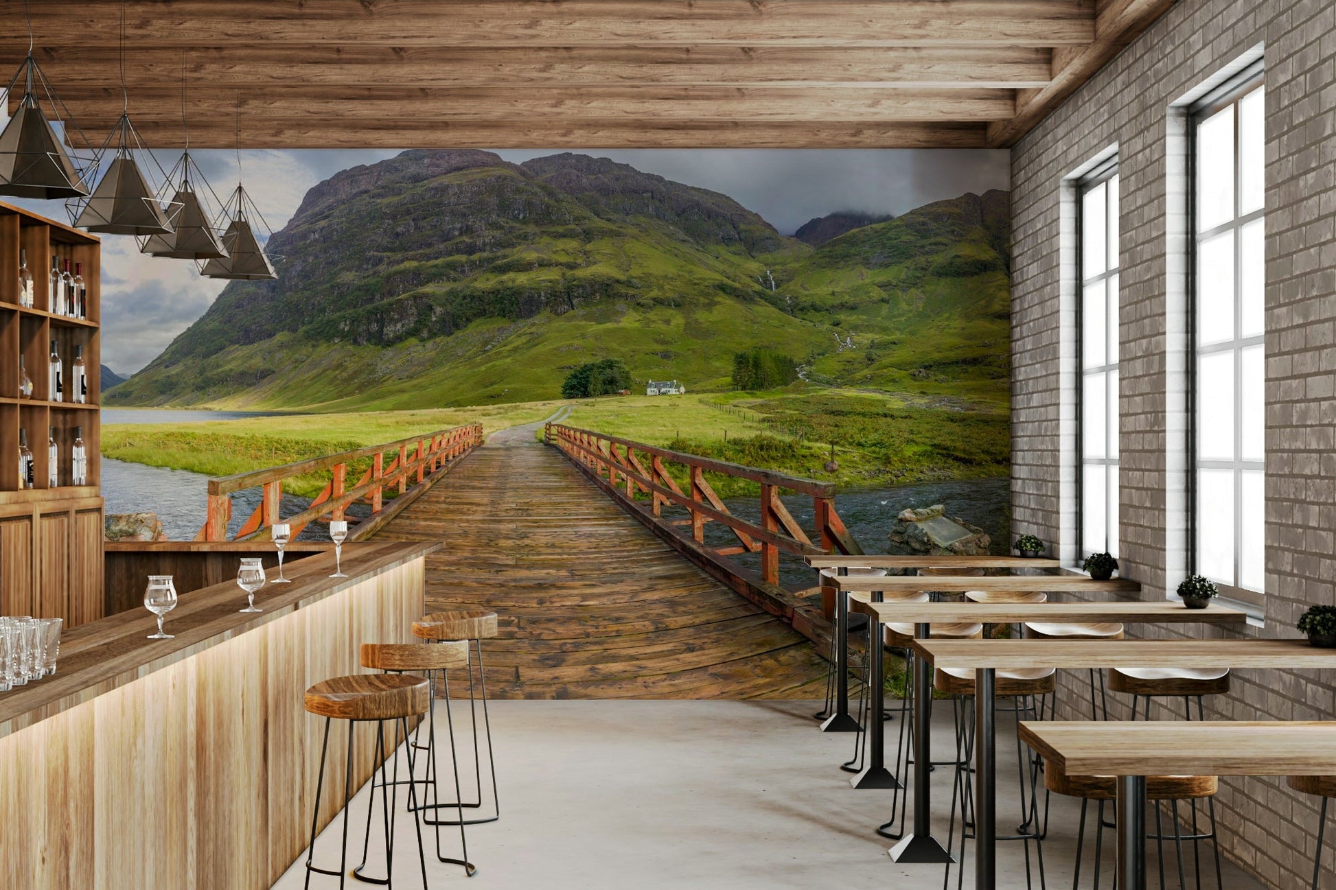 Serene stone bridge mural

