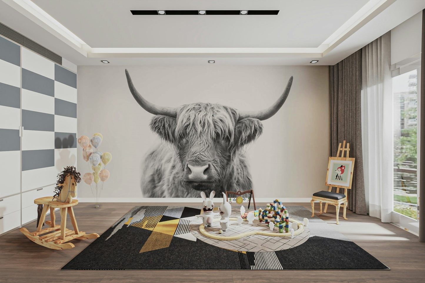 Distinctive long horns and gentle eyes.

