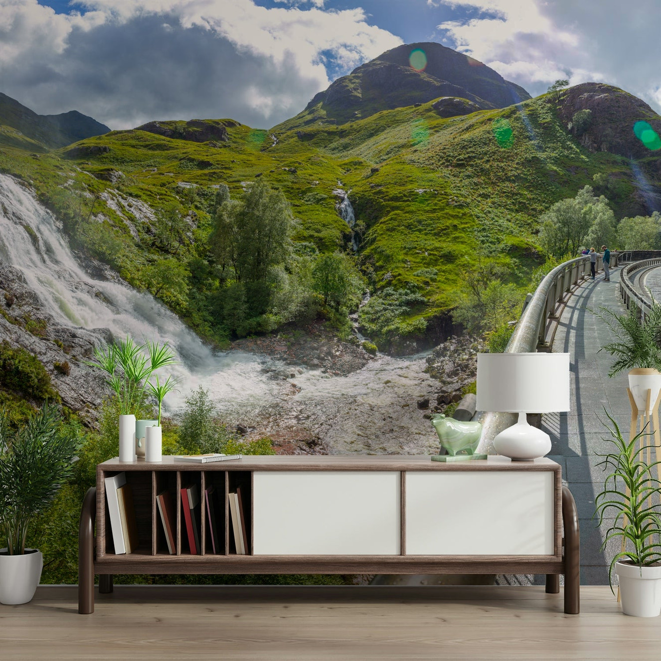 Dynamic water cascading over rocks.

