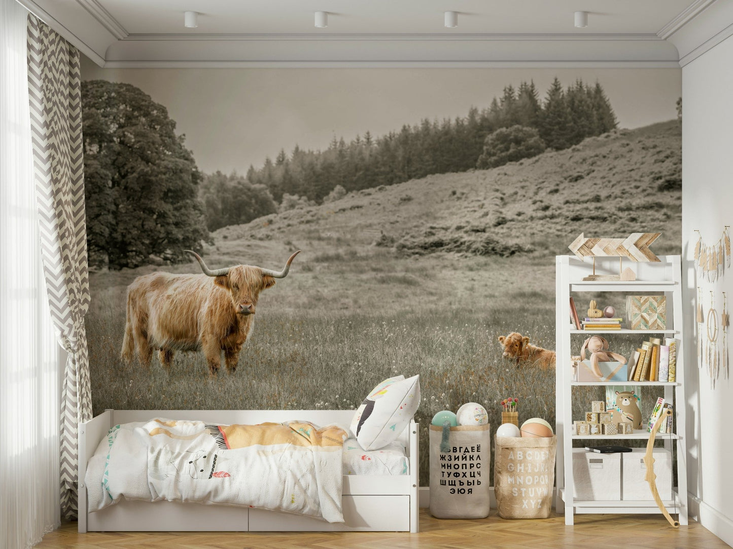 Serene Highland cow grazing in the countryside wallpaper

