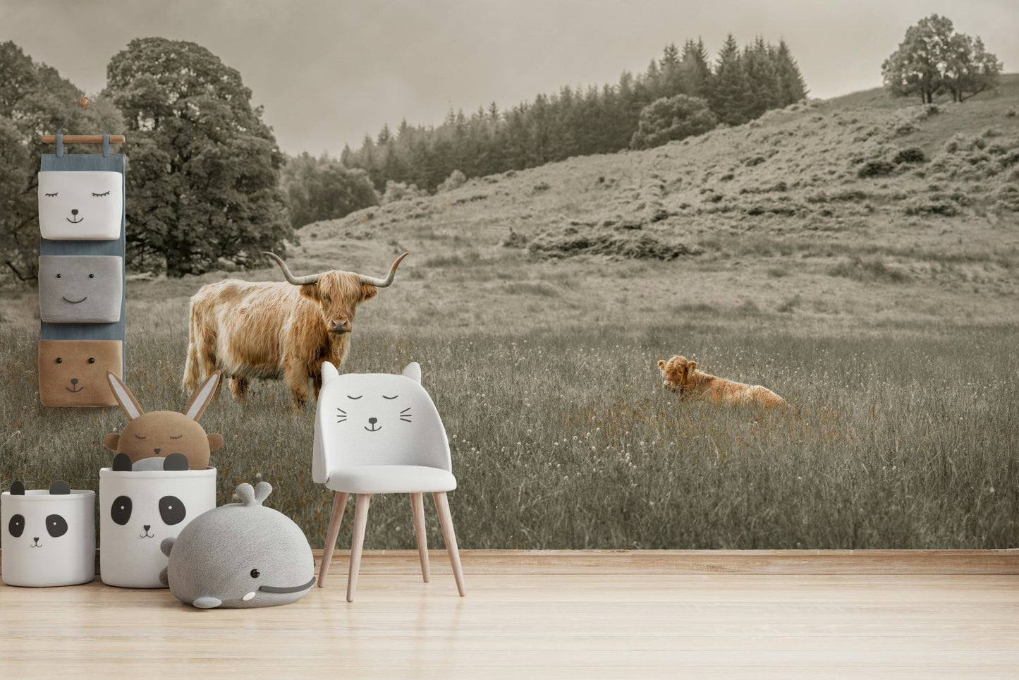 Rustic Highland cow wall mural with soft greens and browns

