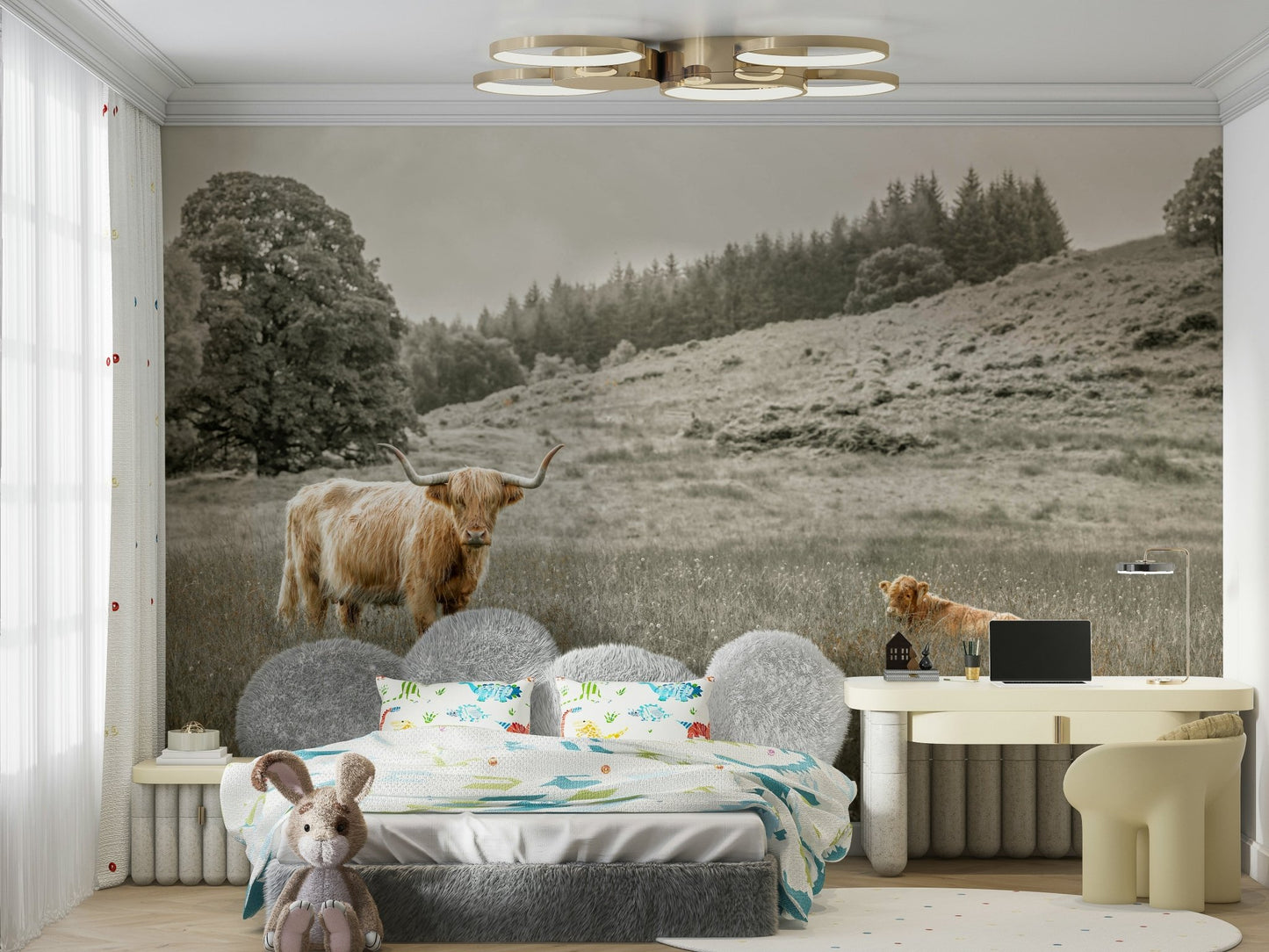 Peaceful rural scene with a grazing Highland cow on mural

