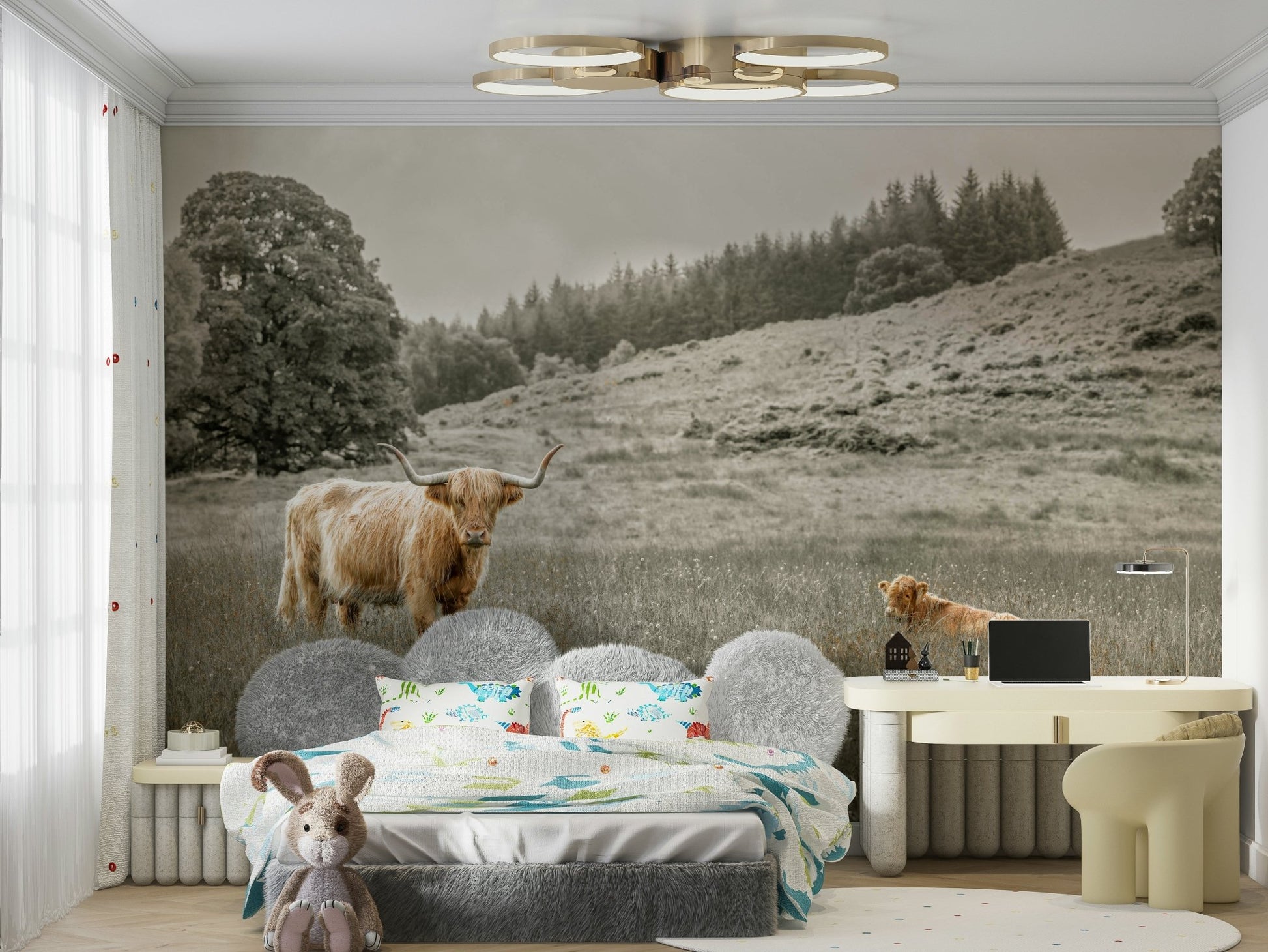 Peaceful rural scene with a grazing Highland cow on mural

