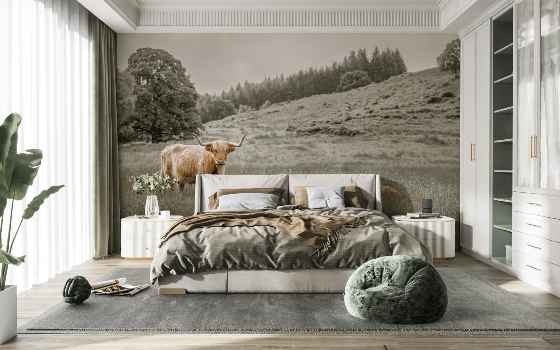 Beautiful farm scene featuring a Highland cow on the wall

