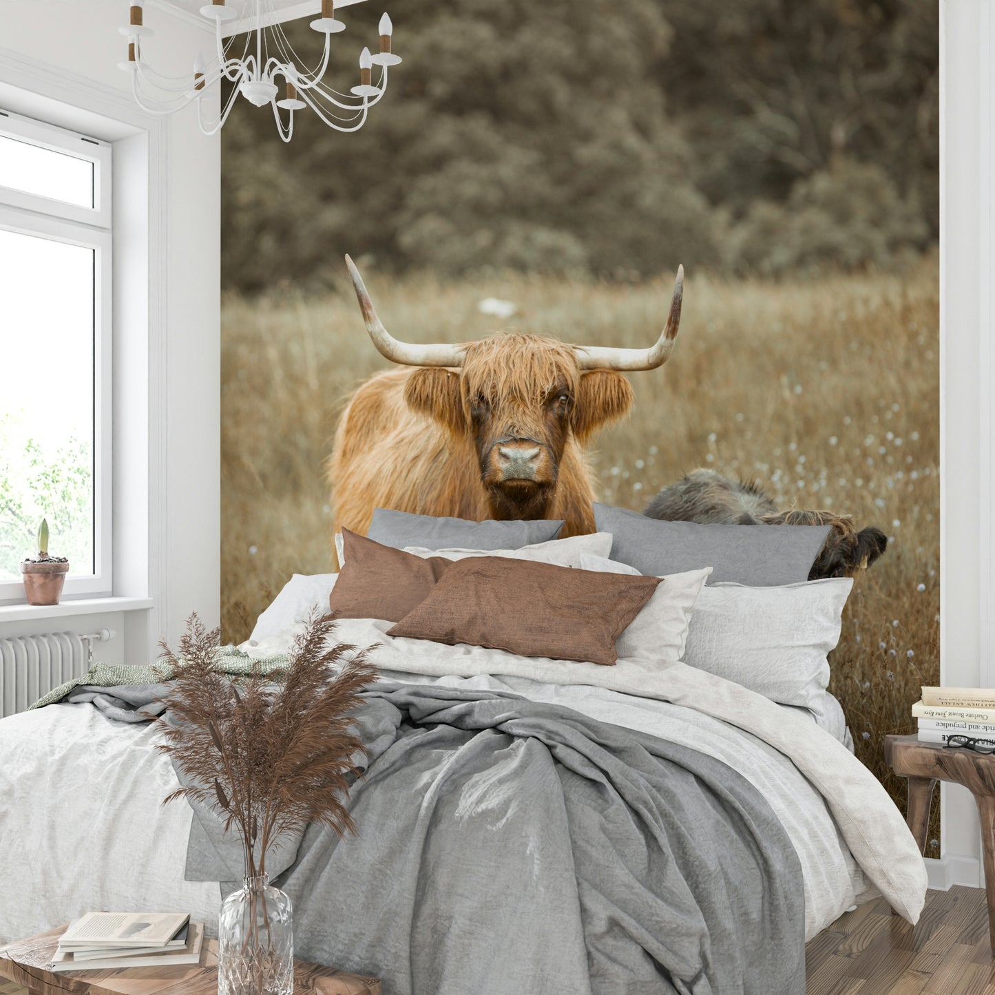 Highland Cows Wall Mural with detailed animals and scenic backdrop.


