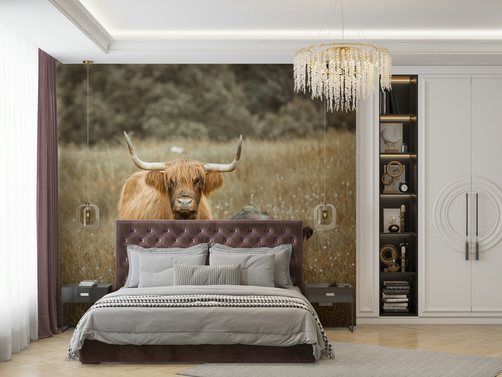 Rustic farm-inspired Highland cows mural for cozy interiors.

