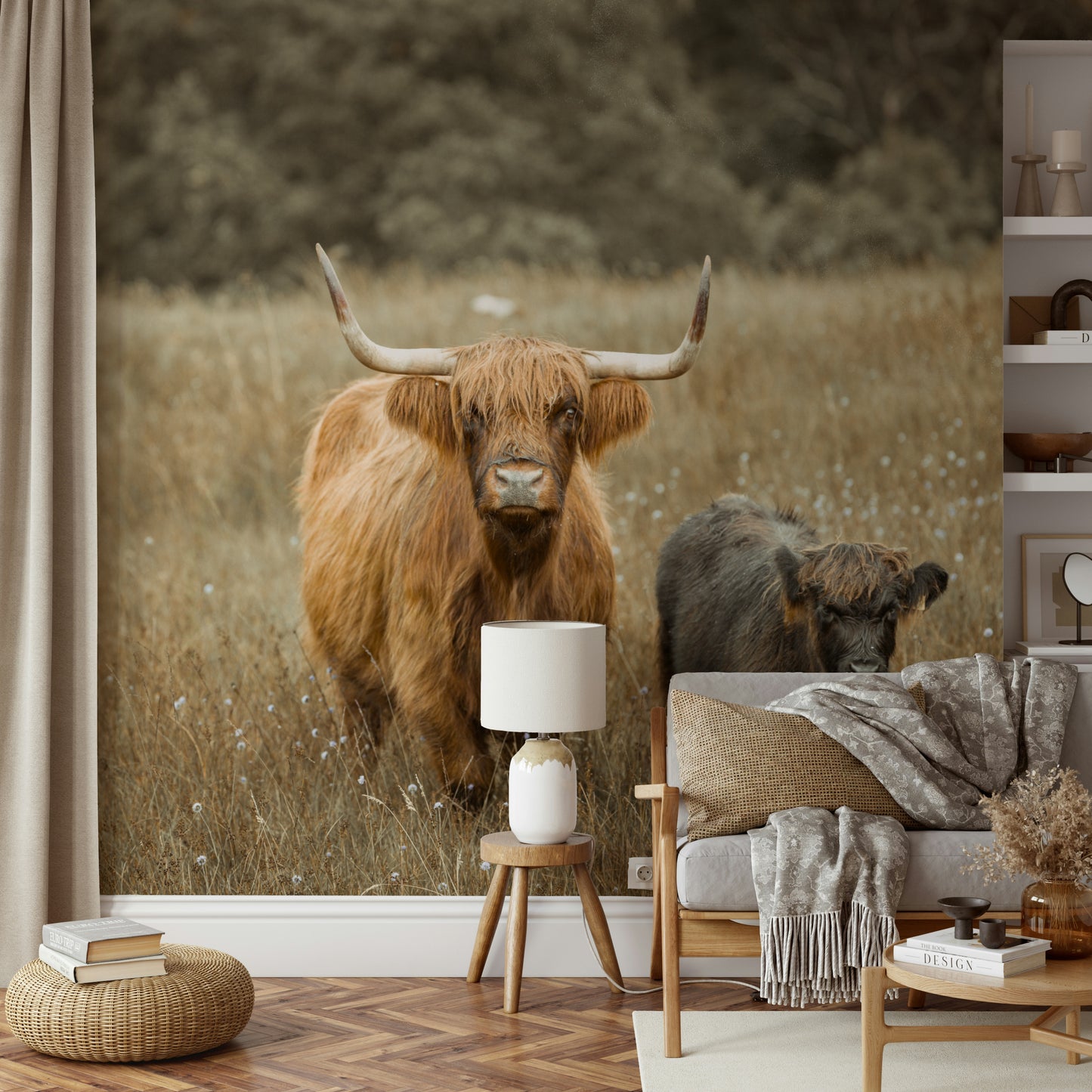 Highland cows wall mural for a calming and rustic room atmosphere.

