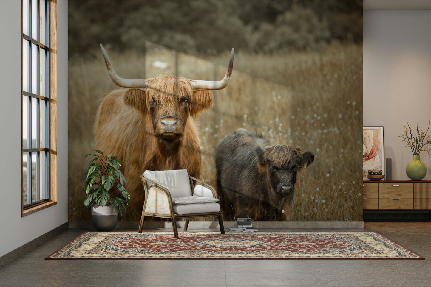 Rustic Highland cows mural with long horns and serene backdrop.

