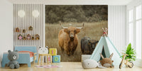 Highland Cows Wall Mural featuring cows in a peaceful pasture.

