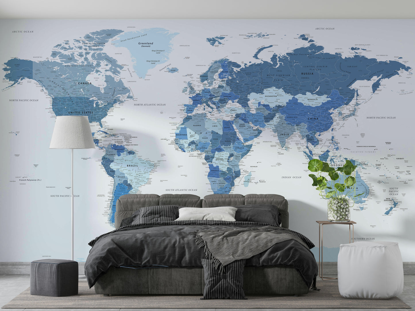 Highly Detailed World Map in Blue Wall Mural