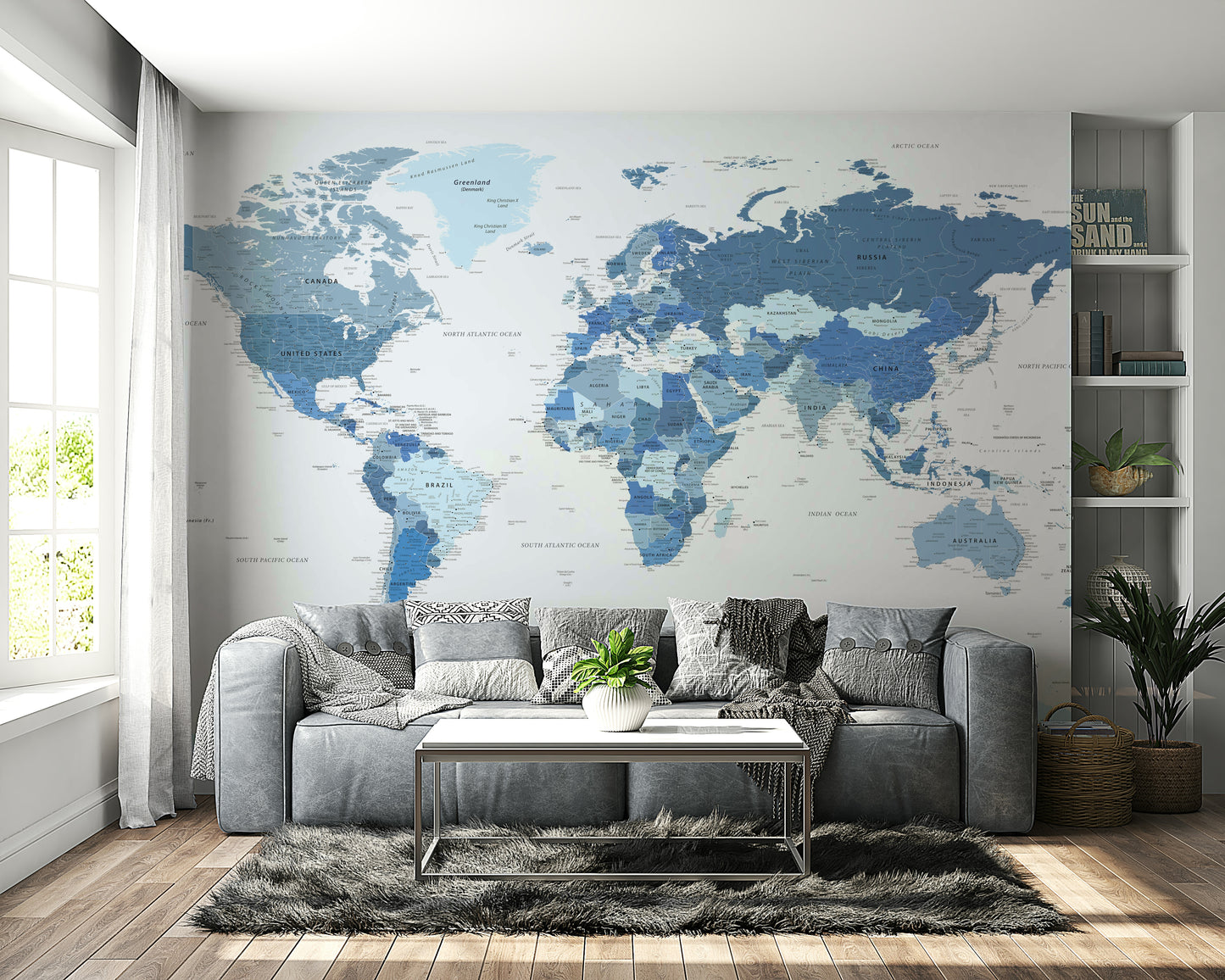 Highly Detailed World Map in Blue Wall Mural