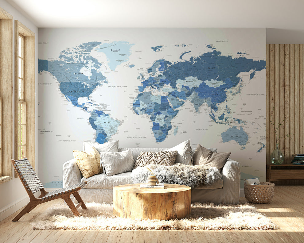 Highly Detailed Blue World Map Wall Mural | Buy in UK