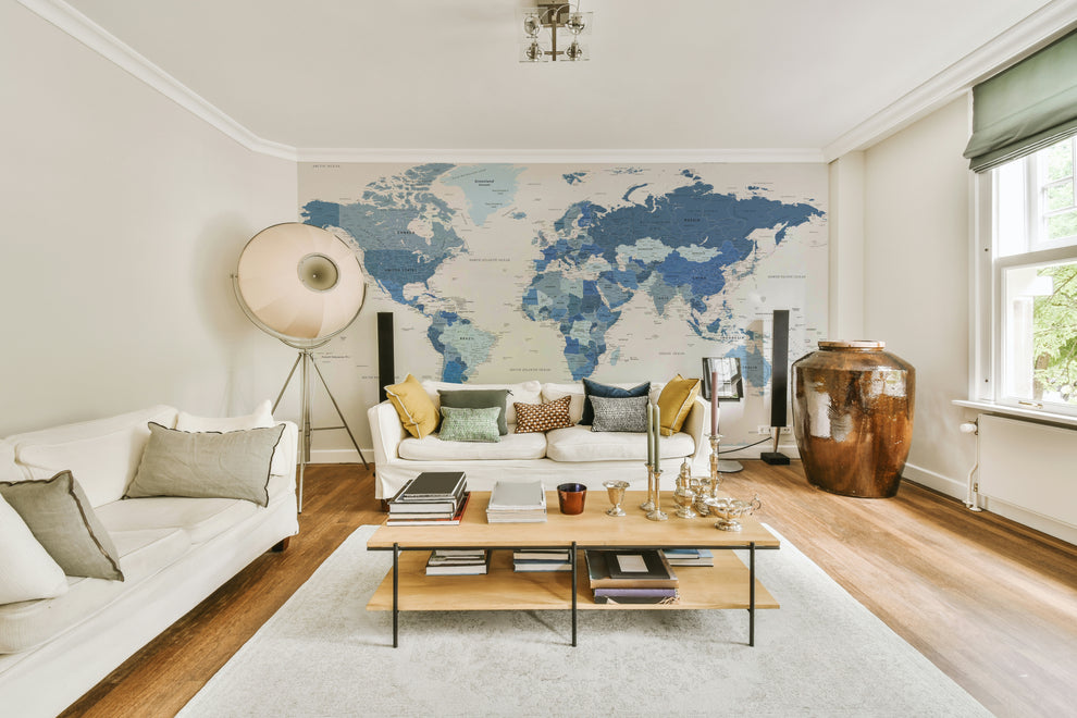 Highly Detailed Blue World Map Wall Mural | Buy in UK