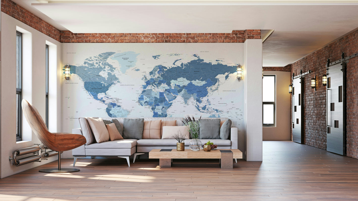 Highly Detailed World Map in Blue Wall Mural