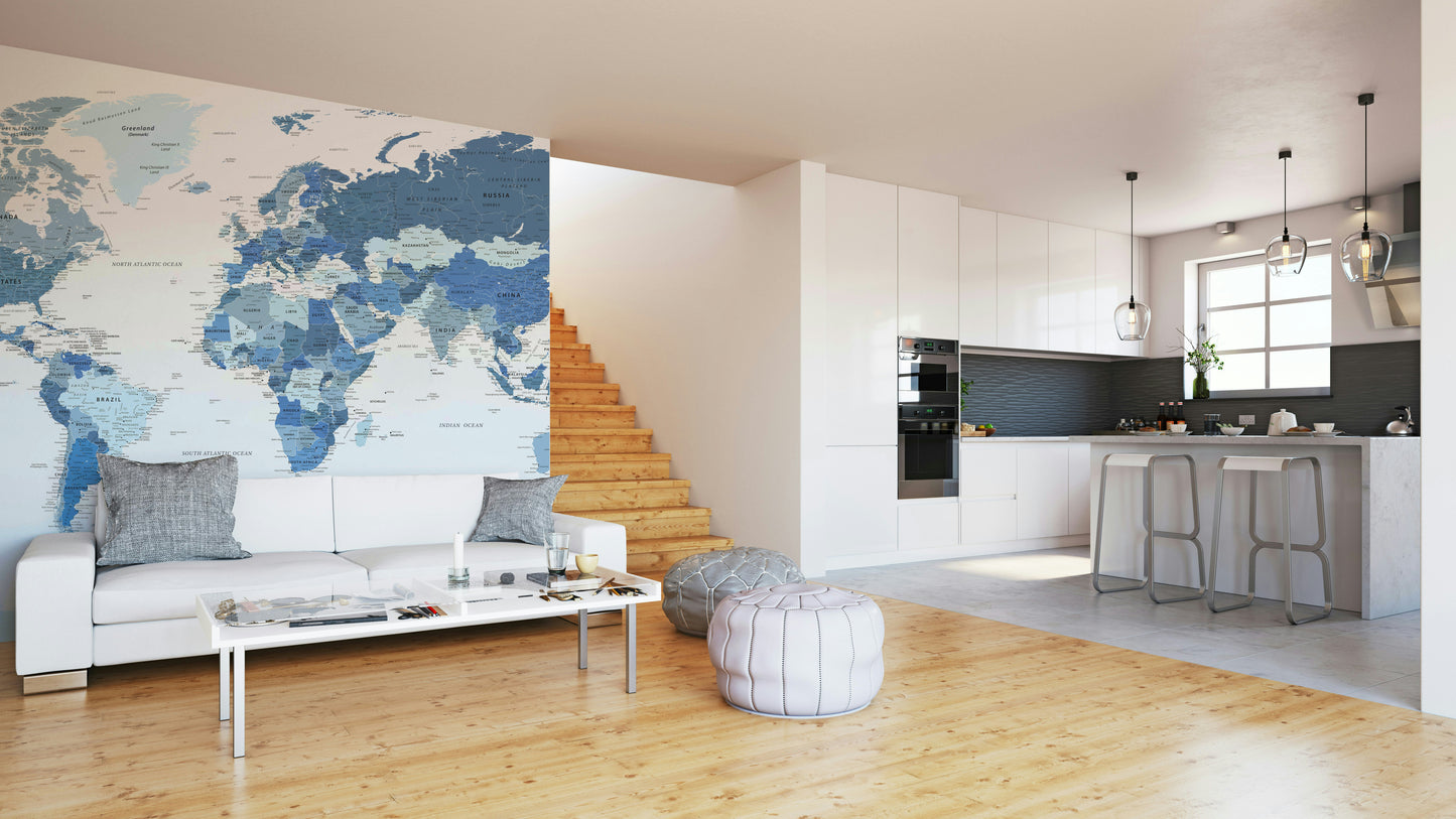 Highly Detailed World Map in Blue Wall Mural