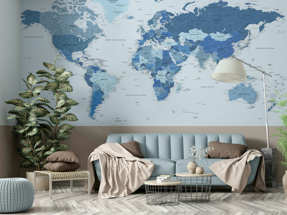 Highly Detailed Blue World Map Wall Mural | Buy in UK