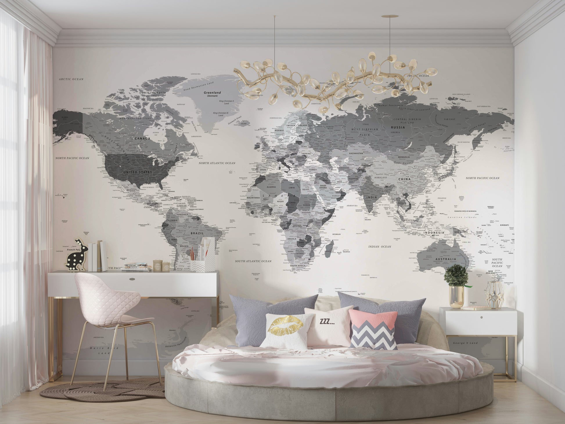 High-detail world map design in soft grey

