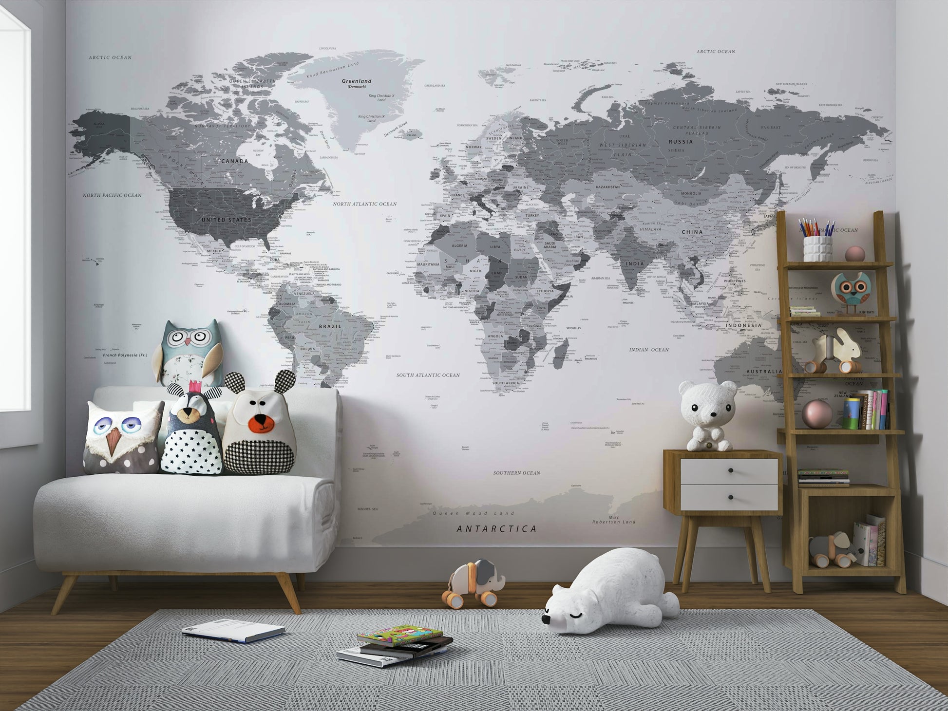 Grey world map mural for modern interiors

