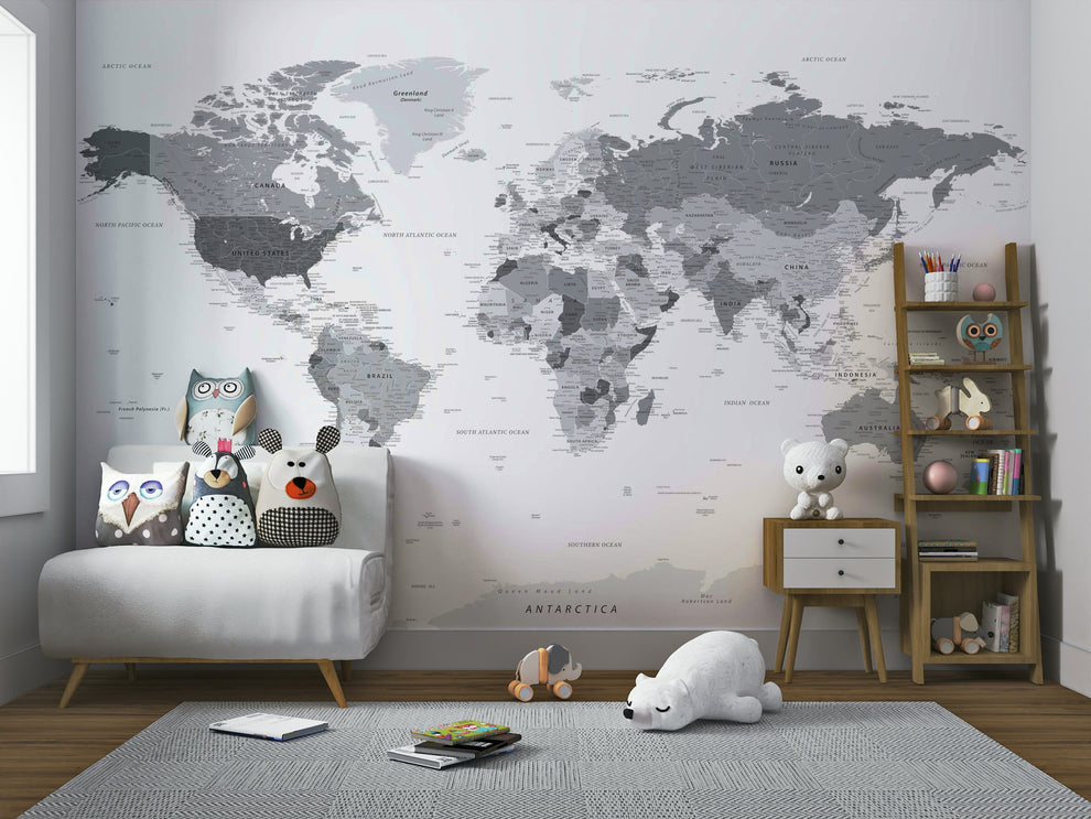 Highly Detailed Grey World Map Wall Mural | Buy in UK