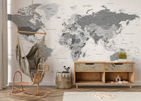 Modern grey wall mural with world map details

