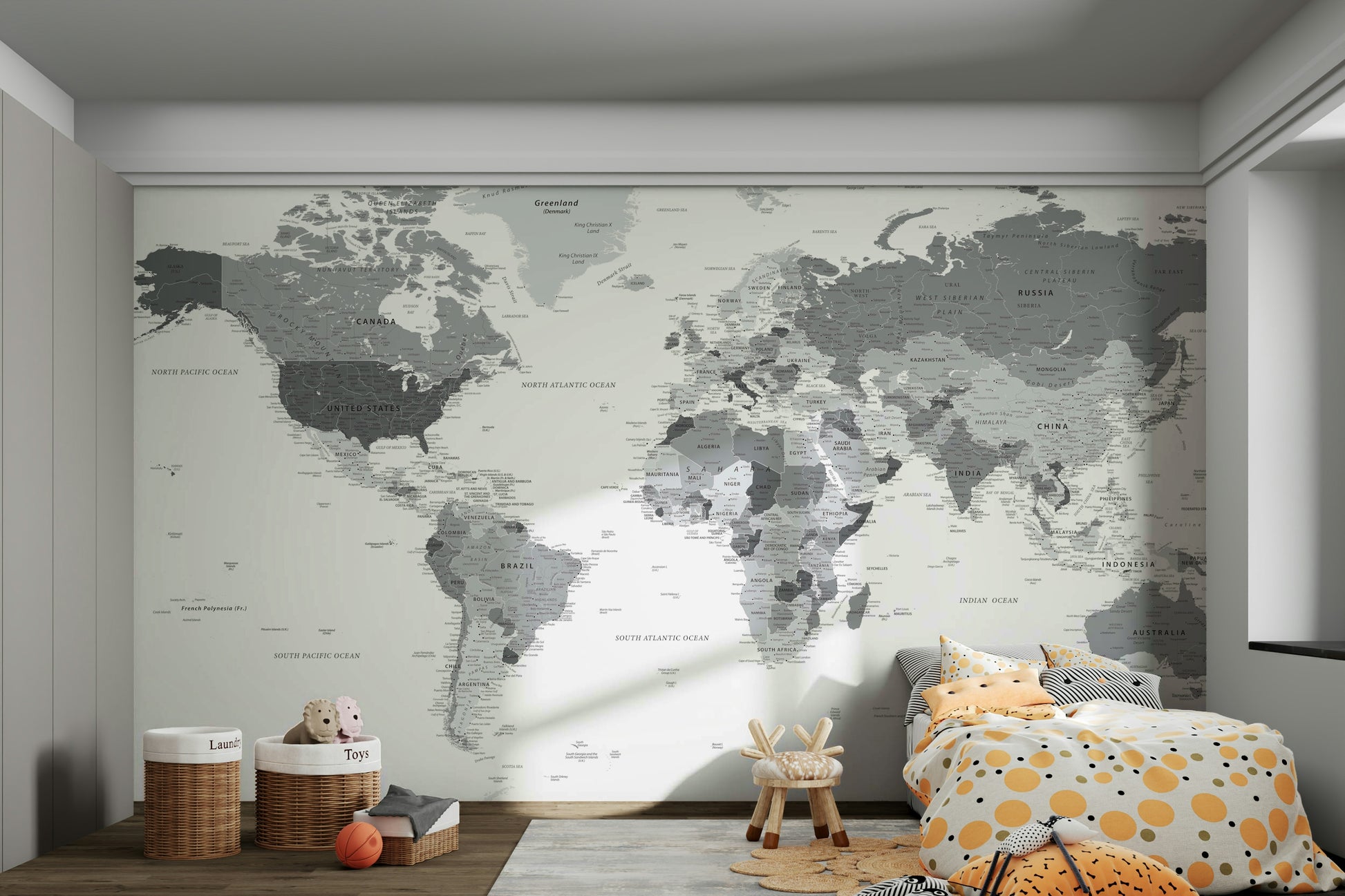 Elegant grey world map mural with intricate details

