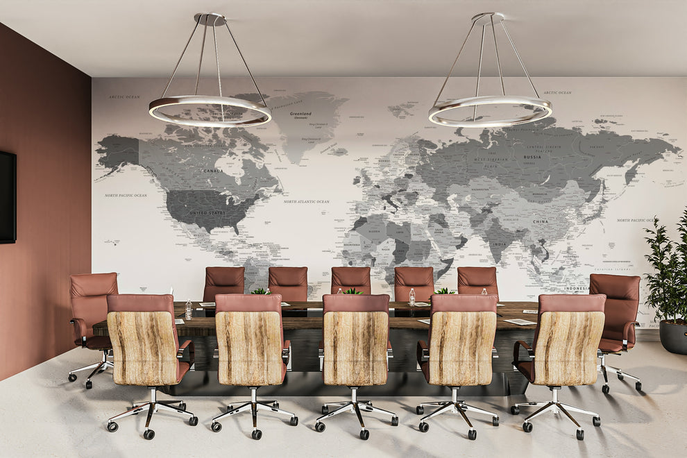Highly Detailed Grey World Map Wall Mural | Buy in UK