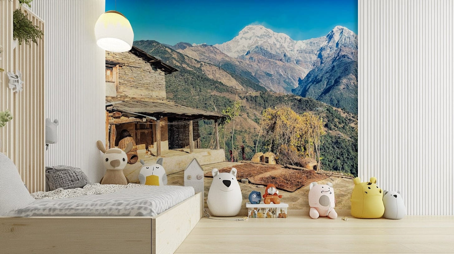 A graceful subtle mountain wall mural in cool, natural tones.

