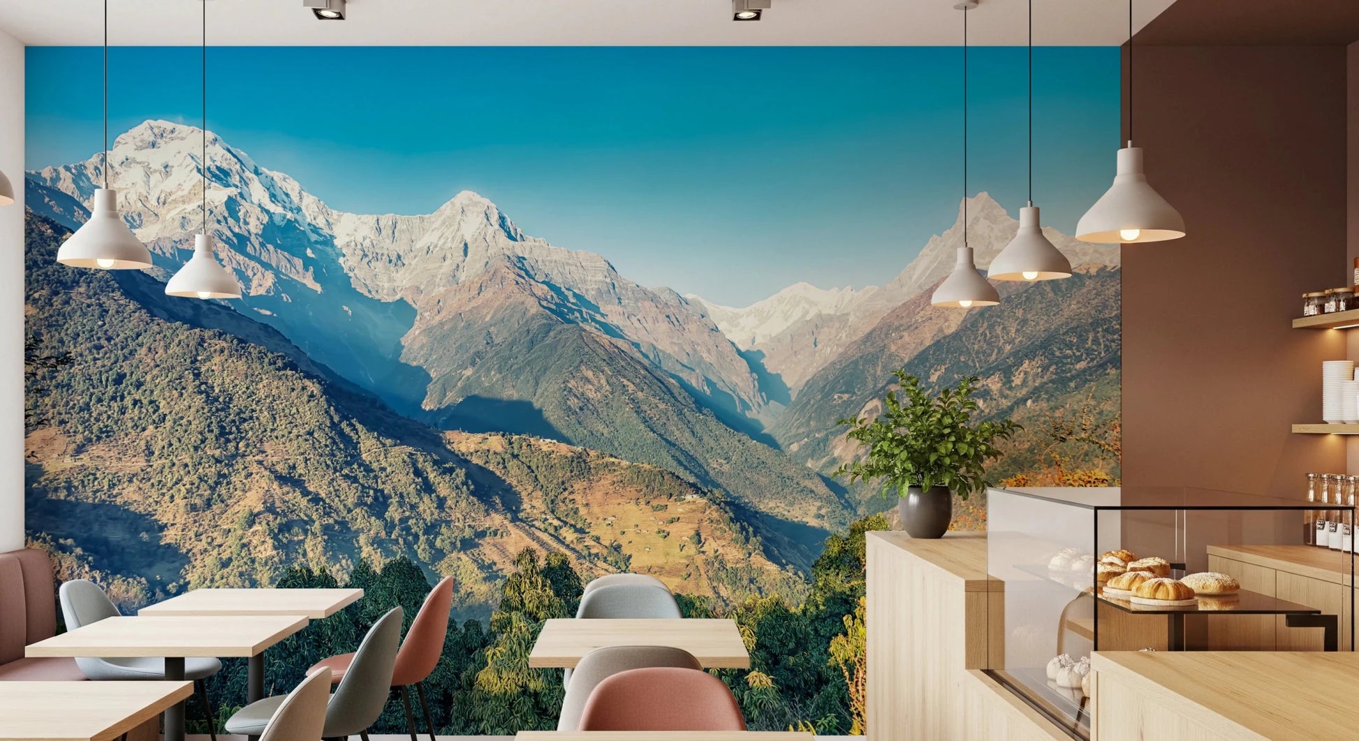 Scenic mountain wall mural opens coastal bedroom