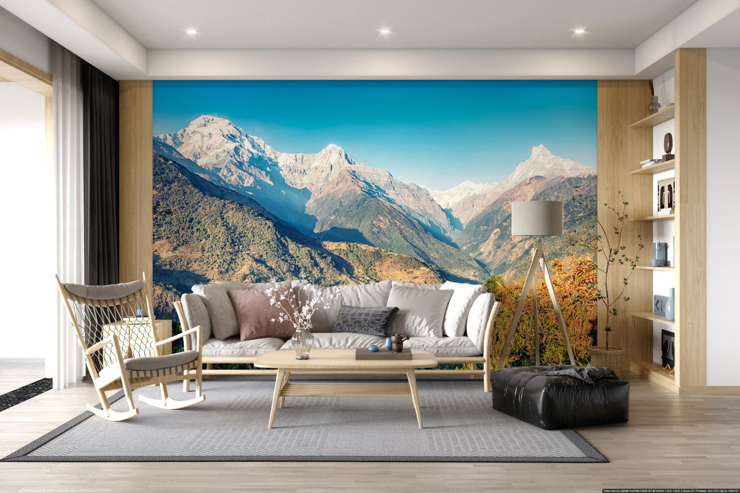 Blue sky mountain mural enriches luxury bedroom